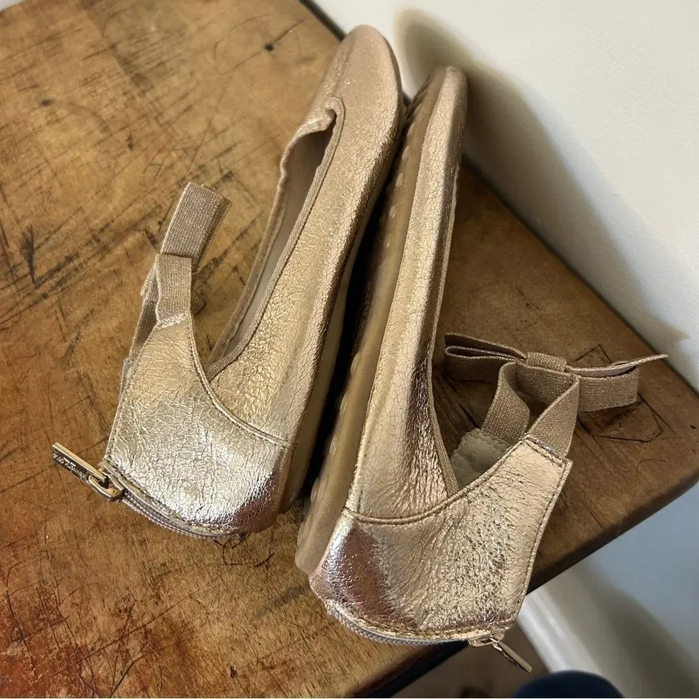 Kenneth Cole Rose Gold Metallic Ankle Strap Flats Shoes Bow Detail Girls 4.5